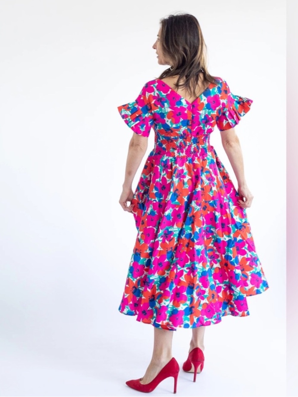 NWOT Lili Sidonio Molly Bracken Retro Smocked Fushia Floral Print Dress Size S - Picture 5 of 13